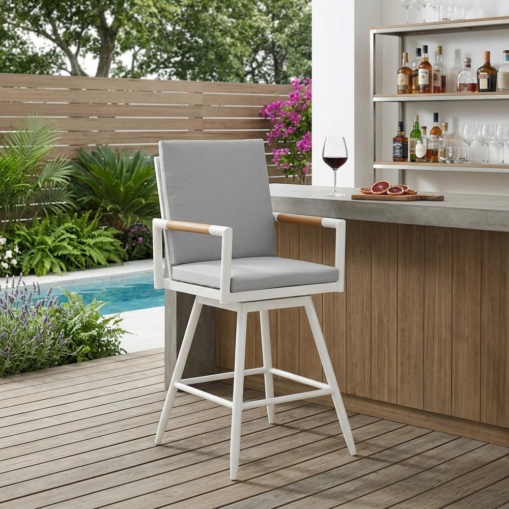 48" Light Gray Metal Swivel Outdoor Bar Height chair with Footrest HomeRoots
