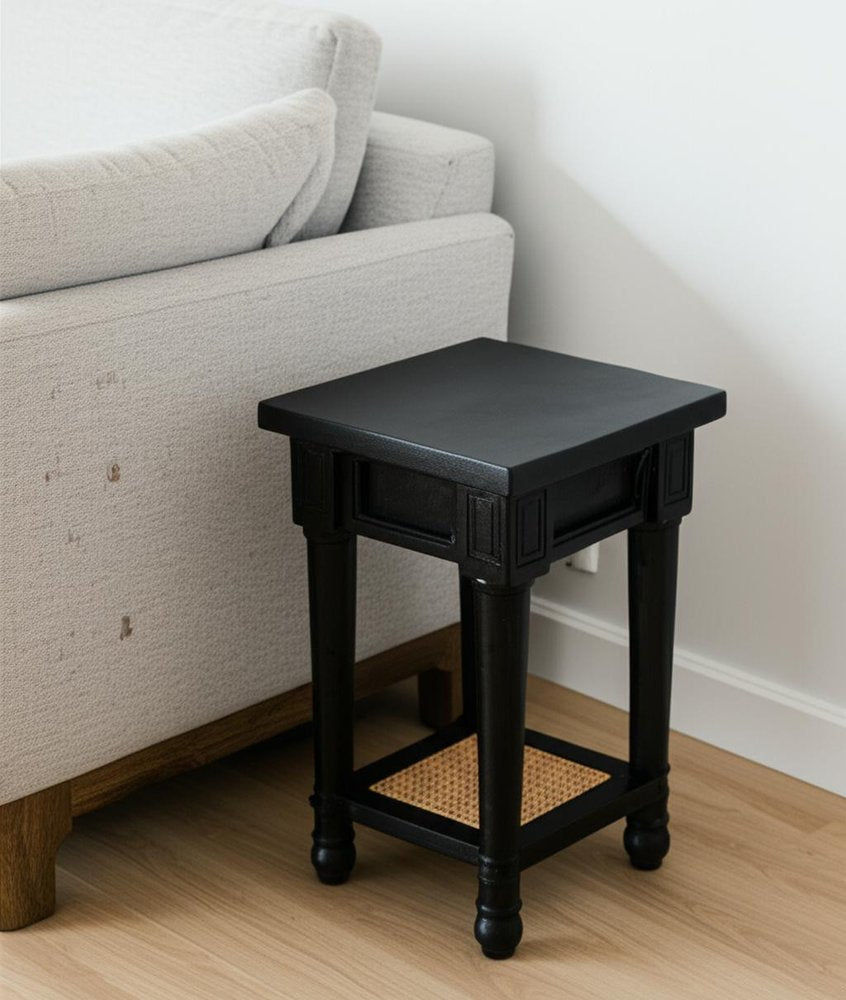 20" Black And Natural Solid Wood And Cane Square End Table With Shelf HomeRoots