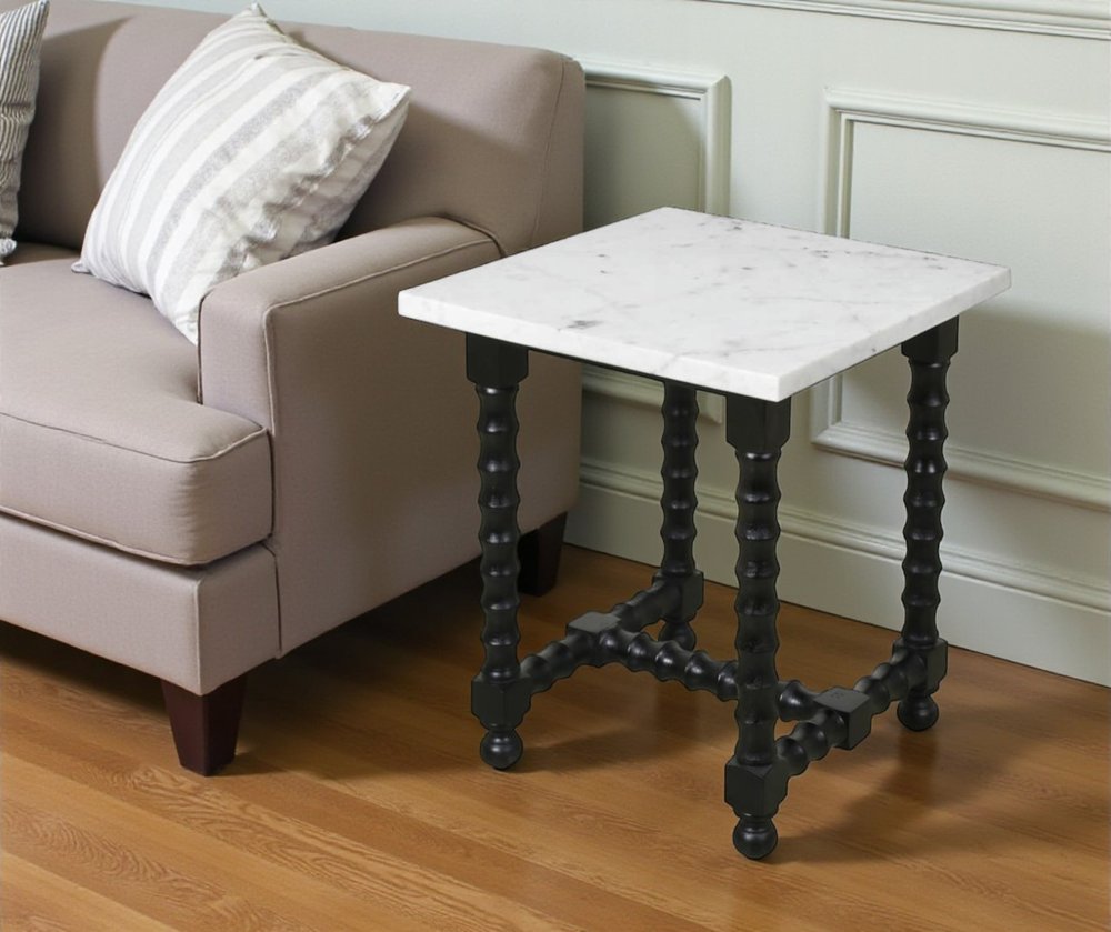 24" White and Black Marble and Solid Wood Square Trestle End Table HomeRoots