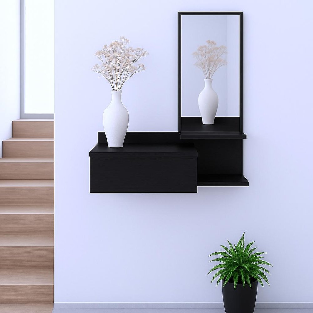 36" Black Wood Wall Mounted Accent Cabinet With Drawer And Mirror HomeRoots