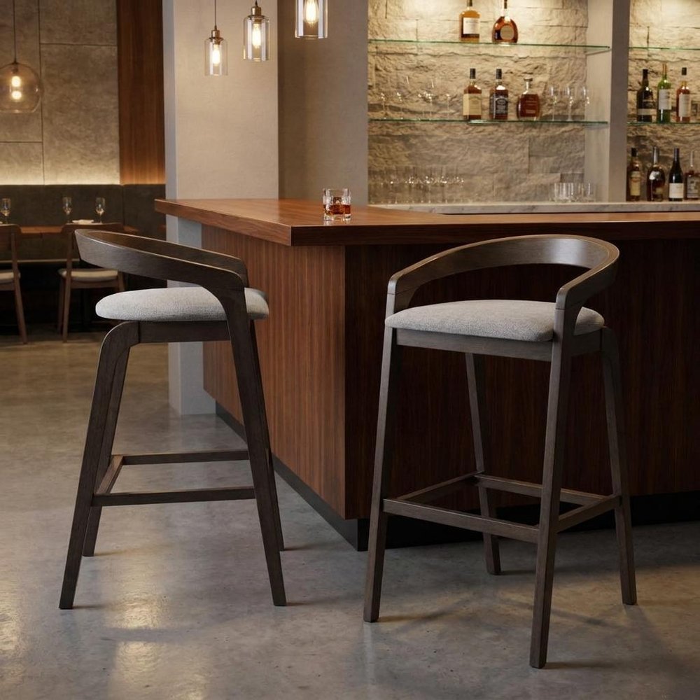 Set of Two 31" Gray And Espresso Fabric And Solid Wood Low Back Bar Height Bar Chairs HomeRoots