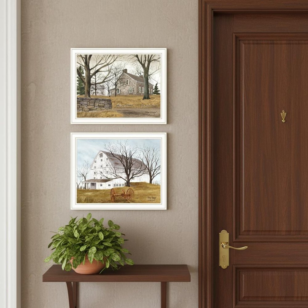 Set Of Two Stone Cottage Farmhouse and White Wooden Barn White Framed Wall Art HomeRoots