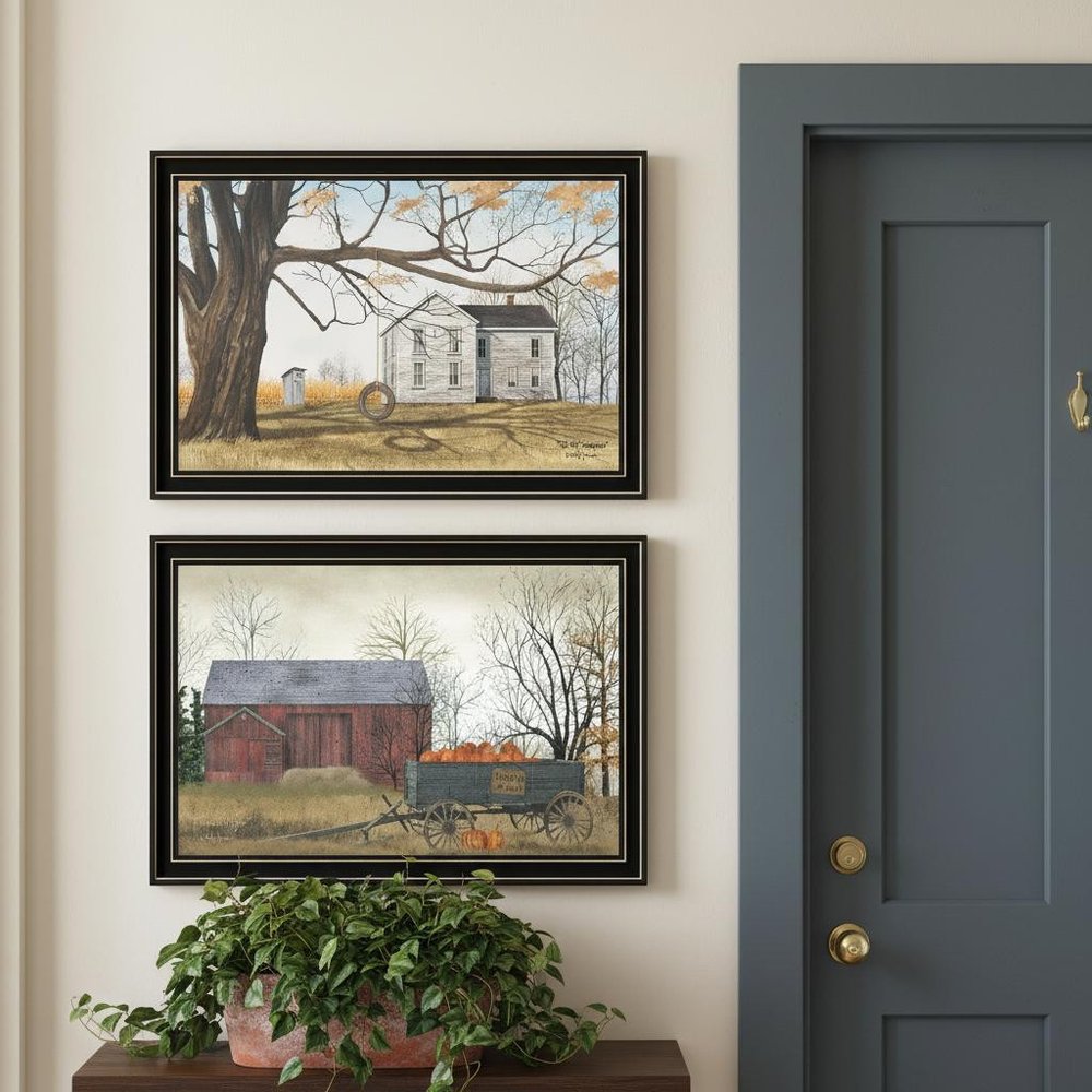 Set Of Two Farmhouse Barn And Pumpkin Wagon Black Framed Wall Art HomeRoots