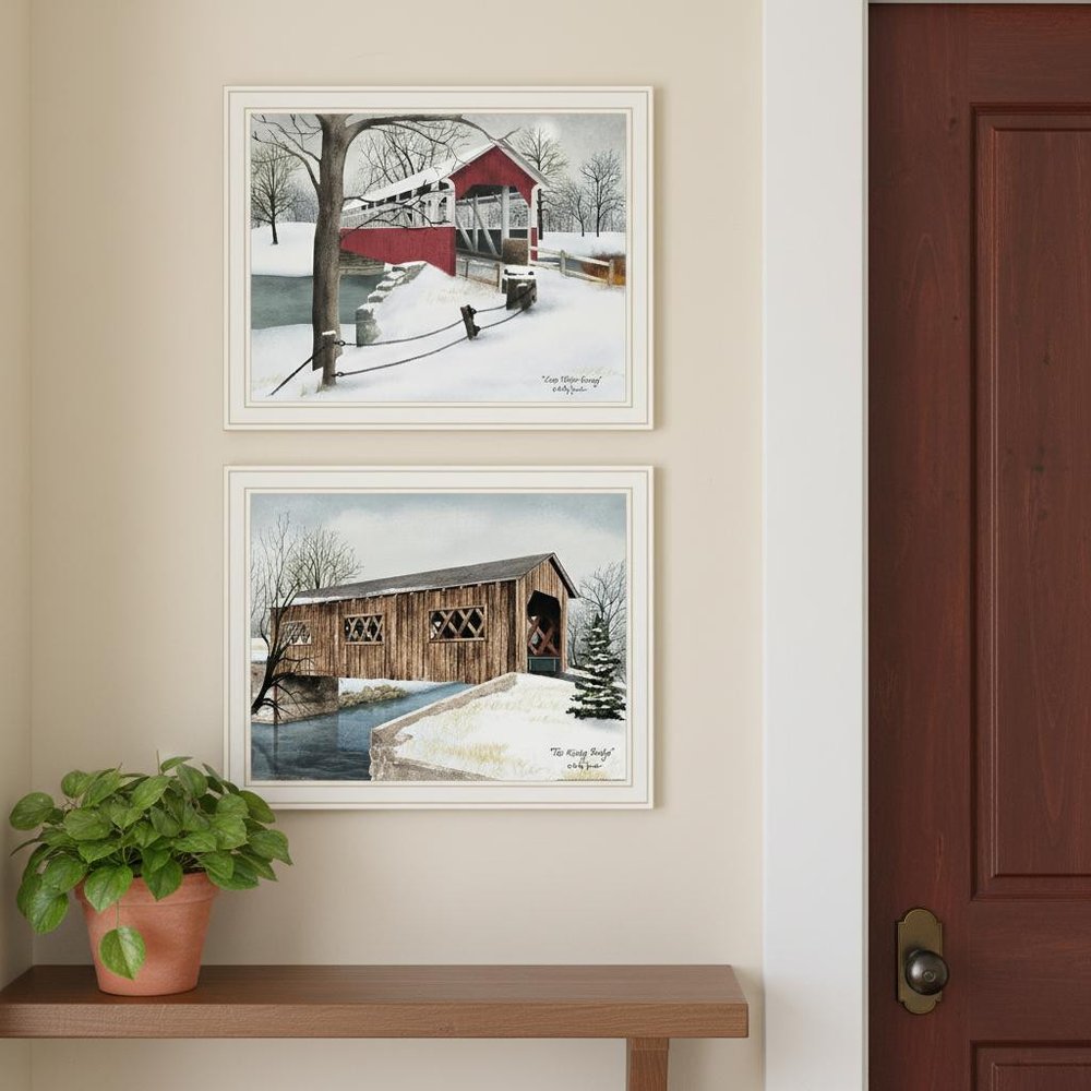 Set Of Two Winter Covered Bridges White Framed Wall Art HomeRoots