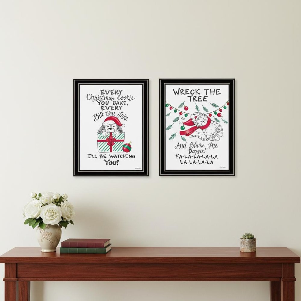 Set Of Two Cat And Dog Christmas Enjoyment ! Black Framed Wall Art HomeRoots