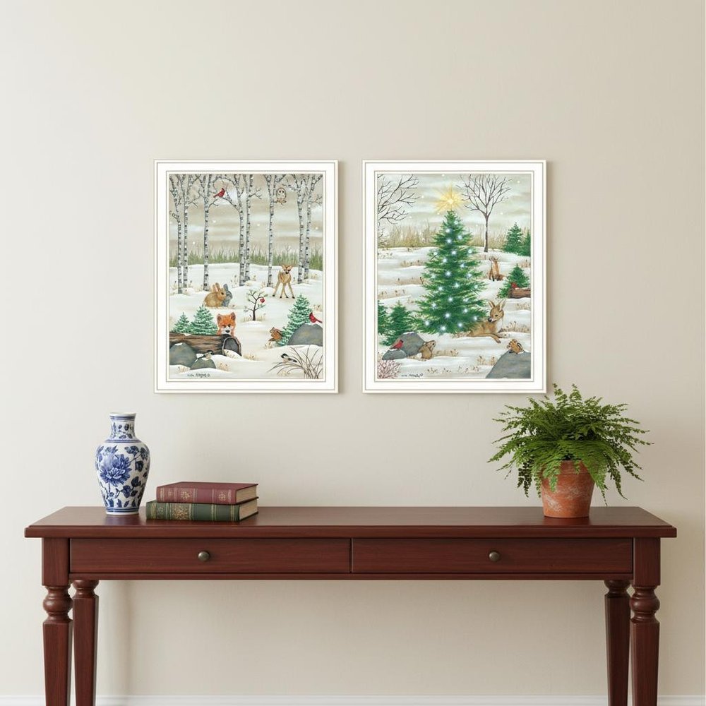 Set Of Two Woodland "Critters for Christmas" White Framed Wall Art HomeRoots