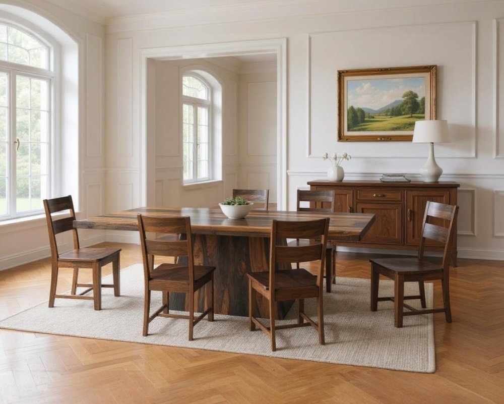 Seven Piece Dark Brown Solid Wood Dining Set with Six Chairs HomeRoots