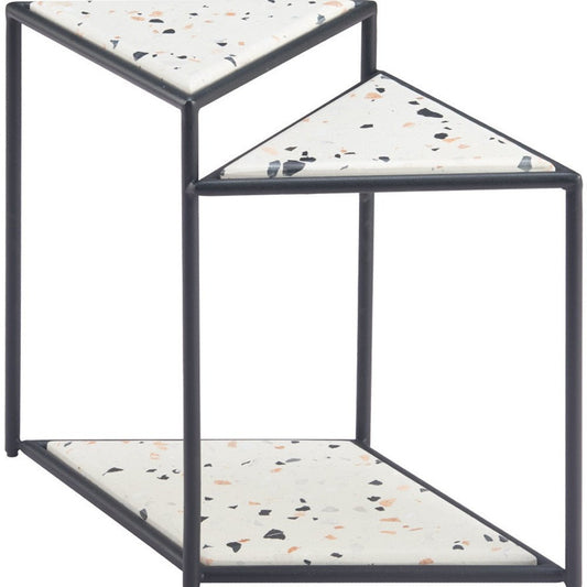 20" Black And White Faux Terrazzo And Steel Triangular Pedestal End Table