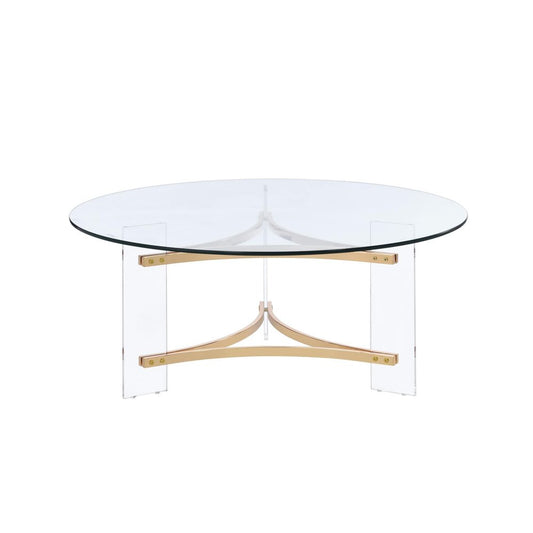 41" Clear and Gold Glass Acrylic and Brass Round Coffee Table HomeRoots