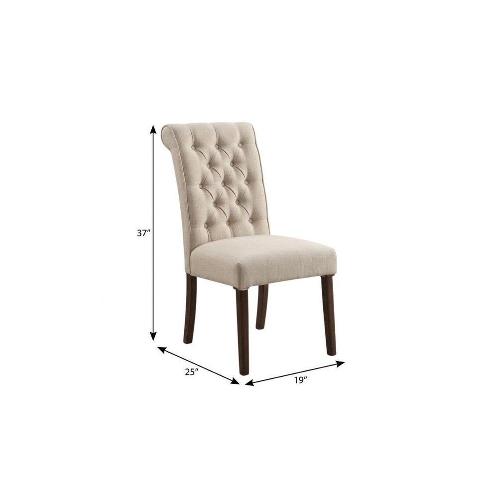 Set of Two Tufted Beige and Brown Upholstered Linen And Solid Wood Dining Side Chairs HomeRoots