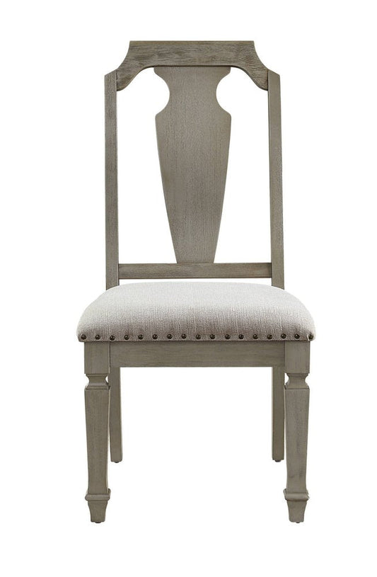 Set of Two Beige And Oak Linen And Solid Wood Open Back Dining Side Chairs