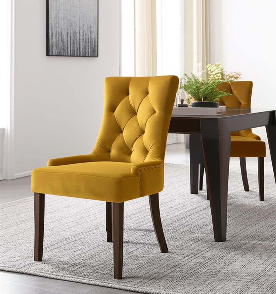 Set of Two Tufted Yellow and Espresso Upholstered Velvet And Solid Wood Dining Side Chairs HomeRoots