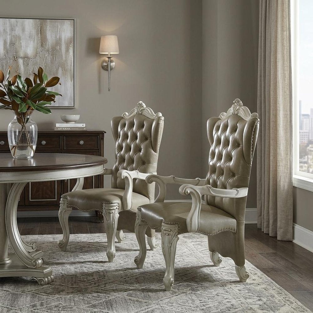 Set of Two Gray and Bone Tufted Faux Leather Wing Back Dining Arm Chairs HomeRoots