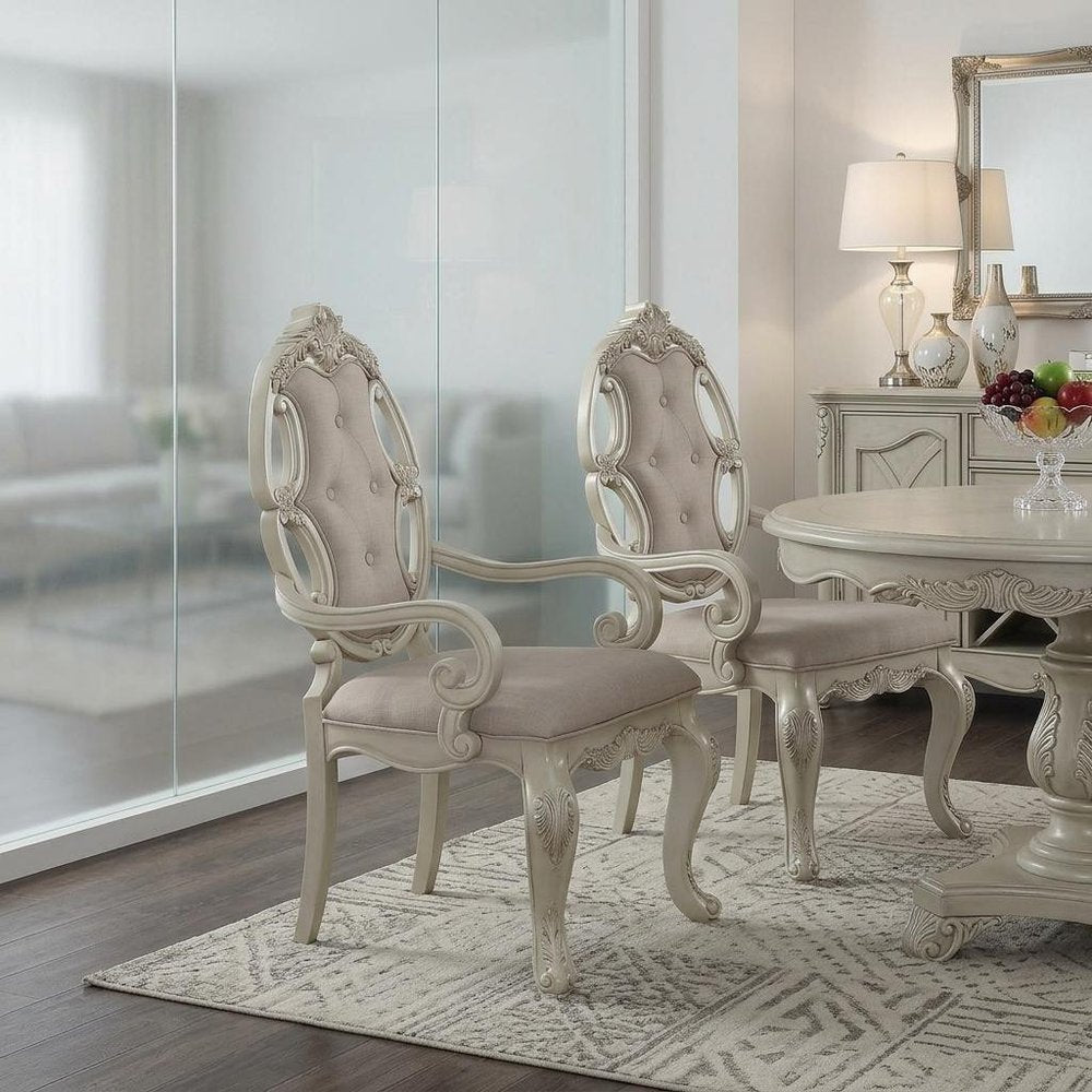 Set of Two Gray And Antiqued White And Gray Tufted Fabric Dining Arm Chairs HomeRoots