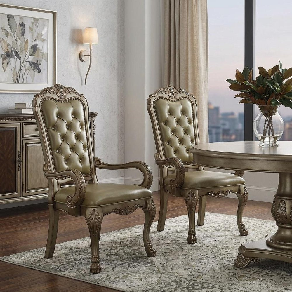 Set of Two Bone Tufted Faux Leather Dining Arm Chairs HomeRoots