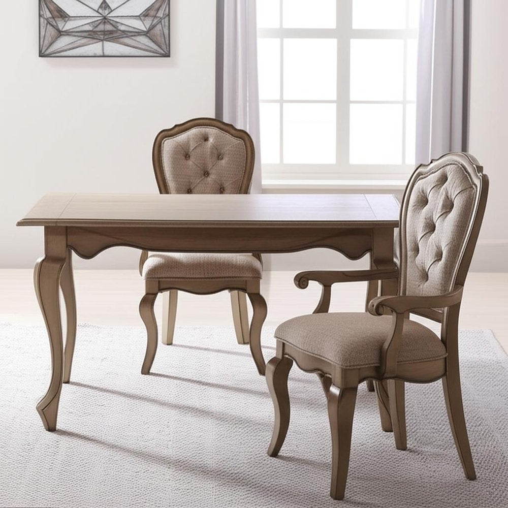 Set of Two Tufted Beige and Taupe Upholstered Fabric And Solid Wood Dining Arm Chairs HomeRoots