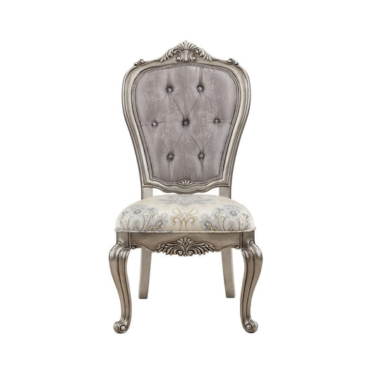 Set of Two Beige Gray And Platinum Tufted Velvet And Solid Wood Dining Side Chairs