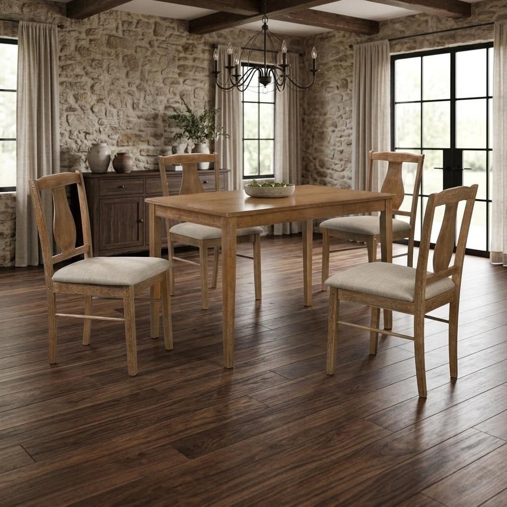 Five Piece Oak Solid Wood Dining Set with Four Chairs HomeRoots