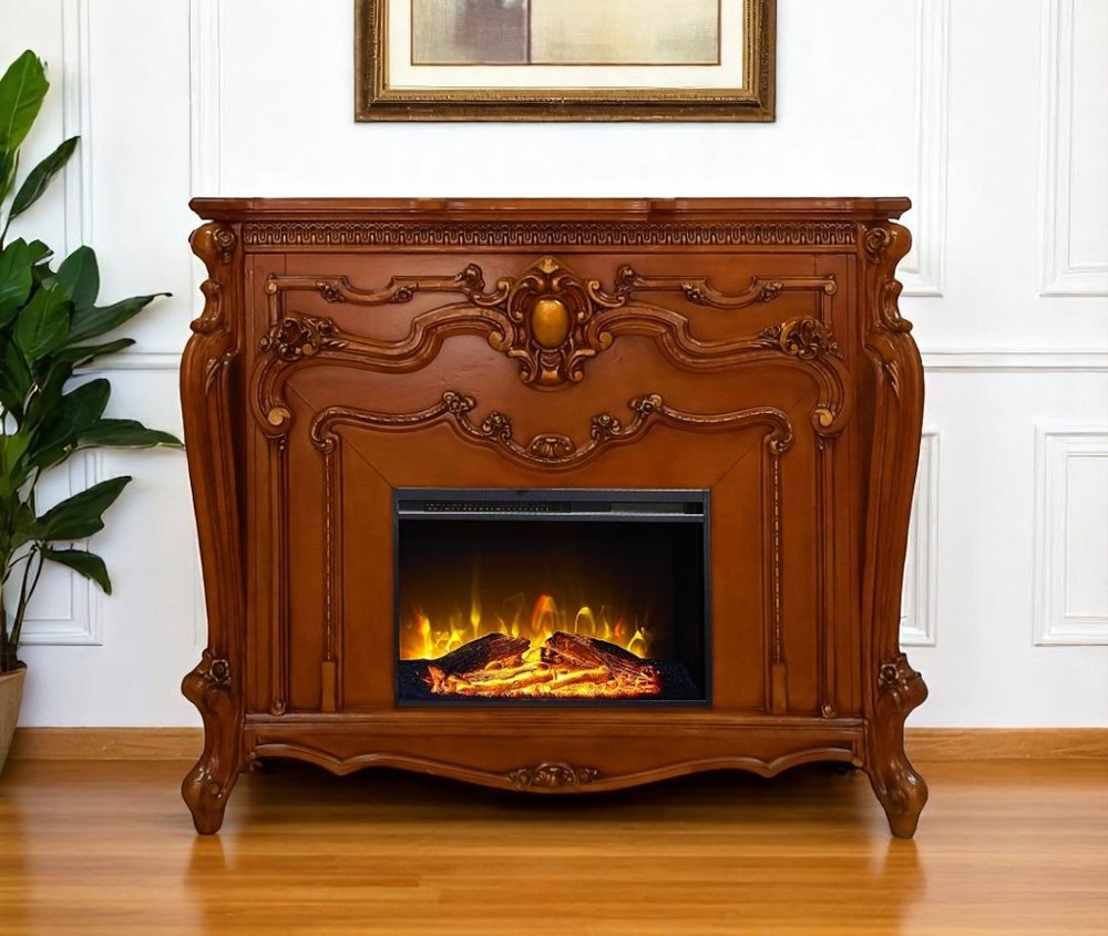 59" Brown Wood Ornate Carved Scrollwork Electric Fireplace With Mantle HomeRoots