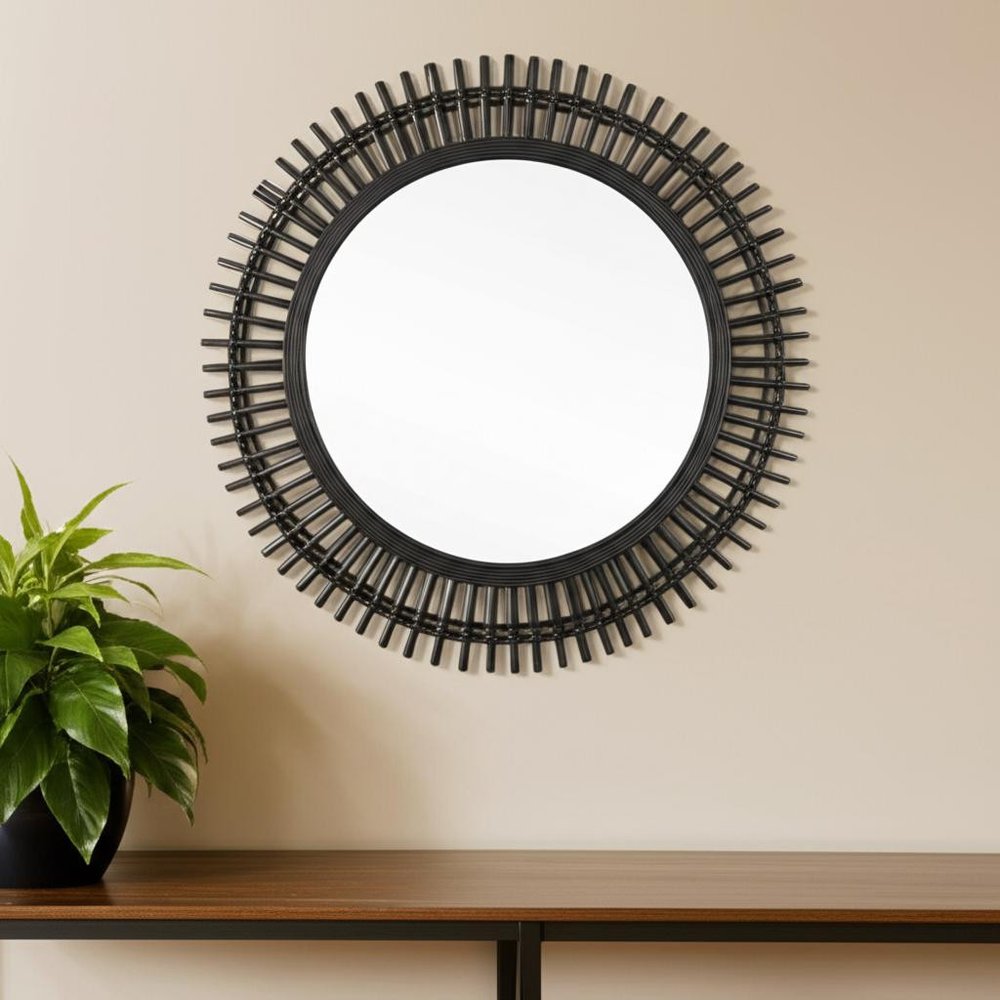 31" Black Bamboo Pierced Round Accent Mirror HomeRoots