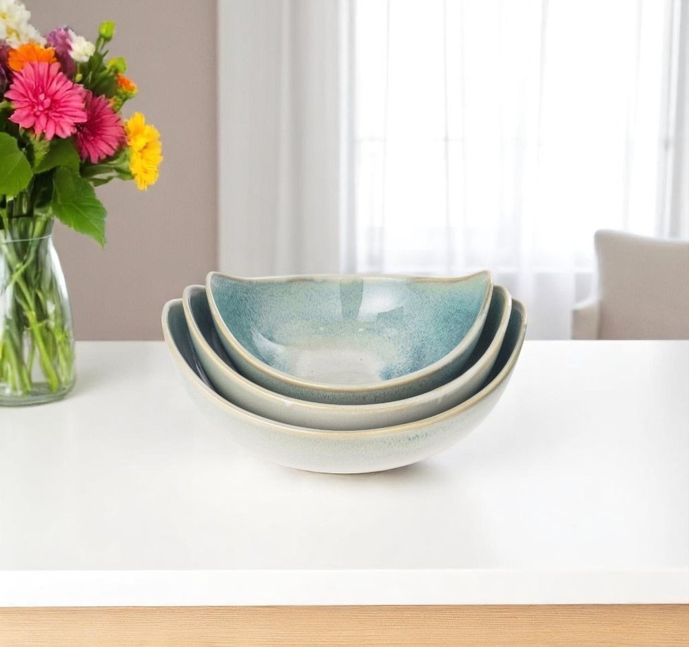 Set of Three Blue And White Ceramic Decorative Bowl HomeRoots
