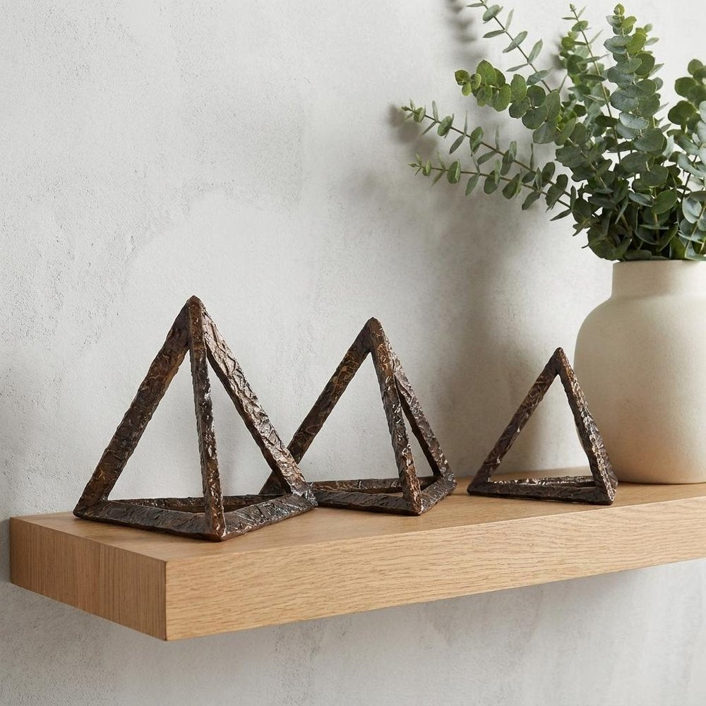 Set of Three Bronze Metal Pyramid Tabletop Sculptures HomeRoots