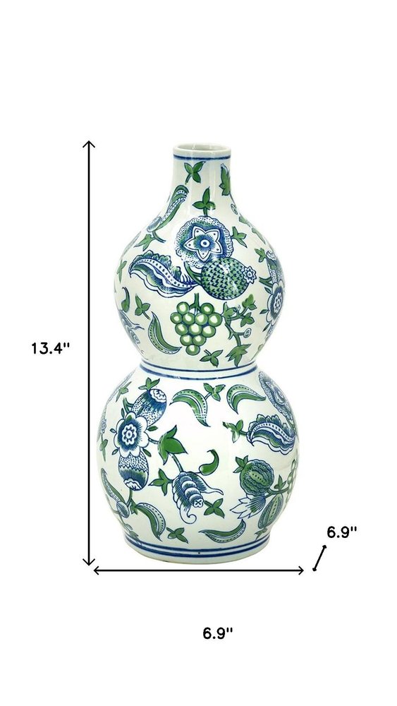 13" White Blue And Green Chinoiserie Porcelain Wavy Gourd Table Vase HomeRoots