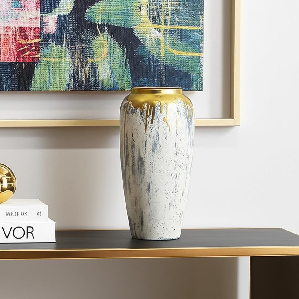 14" Gray Ivory And Gold Modern Abstract Ceramic Table Vase HomeRoots