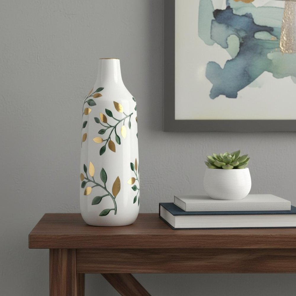 12" White Green And Gold Floral Leaf Bud Ceramic Table Vase HomeRoots