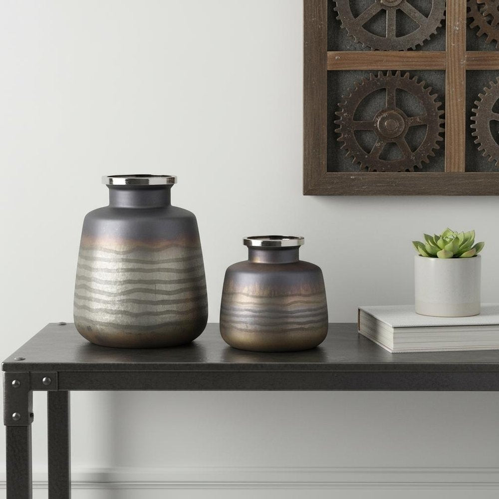 Set of Two Black And Gray Abstract Glass Round Table Vases HomeRoots