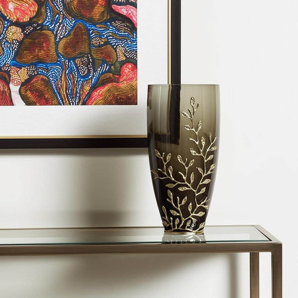 15" Dark Olive Green And Gold Branch Patterned Glass And Aluminum Table Vase HomeRoots