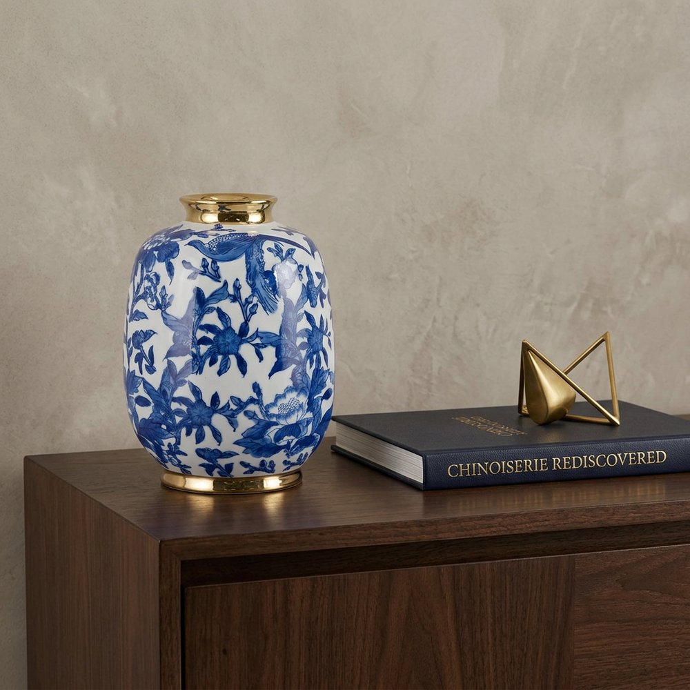 11" Blue White And Gold Chinoiserie Floral Porcelain Table Vase HomeRoots