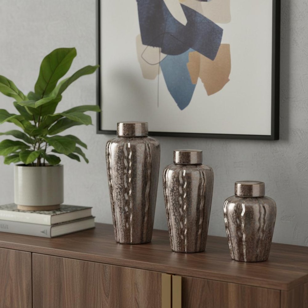 Set of Three Bronze And Silver Ceramic Urn Ginger Jars HomeRoots