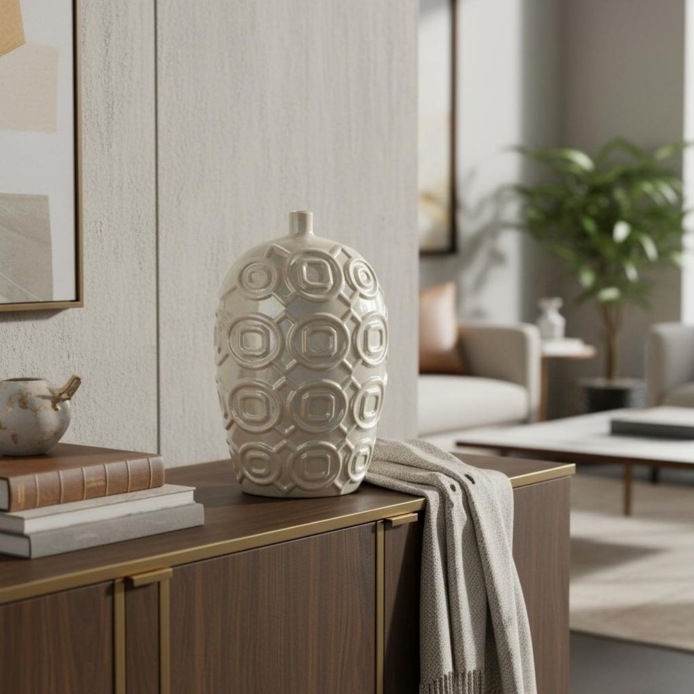 16" Cream Geometric Ceramic Bud Table Vase HomeRoots