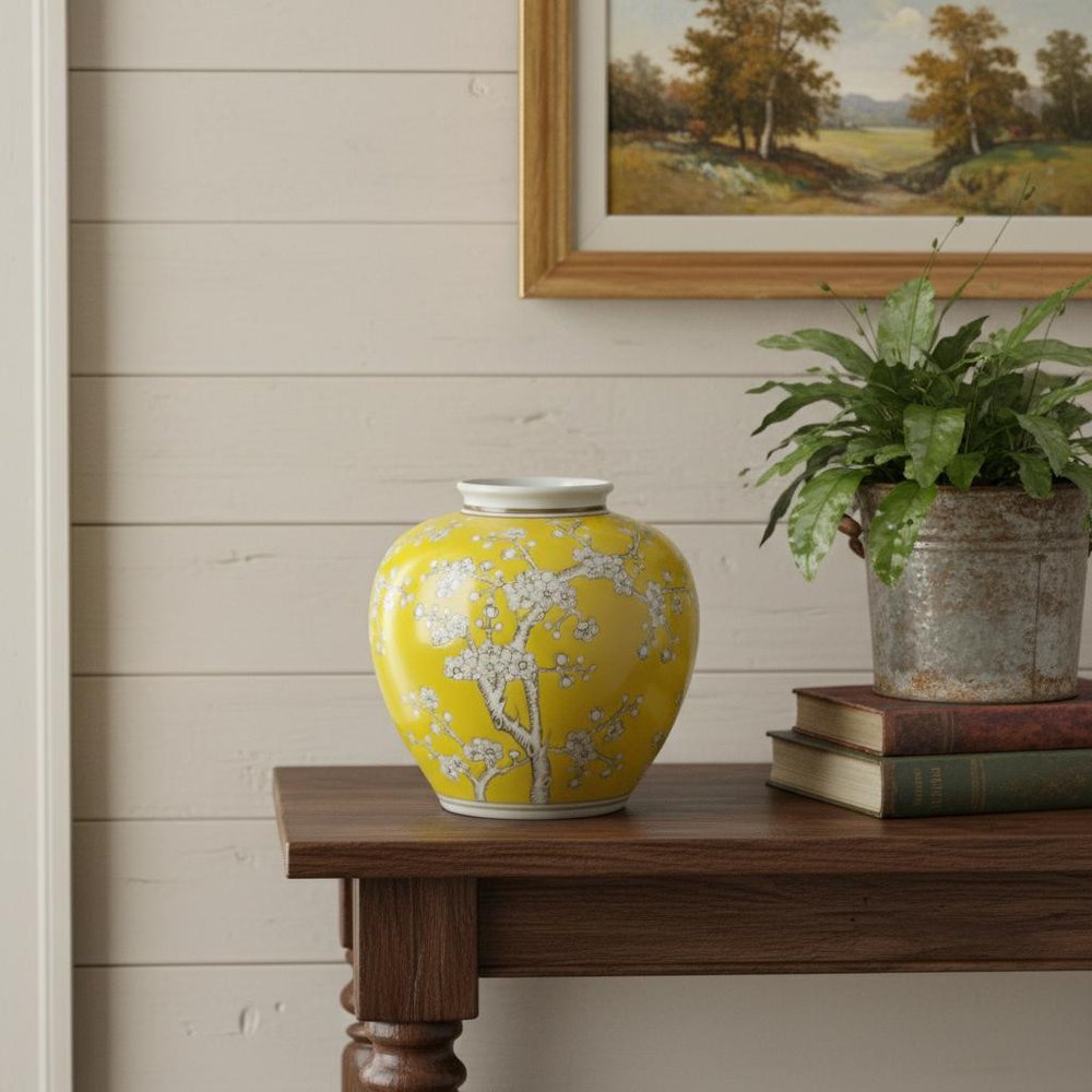 9" Yellow And White Chinoiserie Floral Porcelain Table Vase HomeRoots