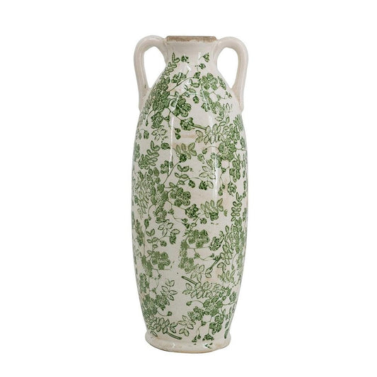 16" Green And White Leaf Ceramic Amphora Table Vase HomeRoots