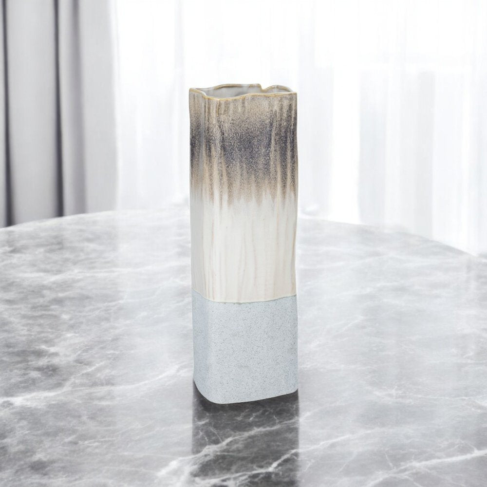16" Brown Light Blue And Off White Color Block Square Ceramic Table Vase HomeRoots