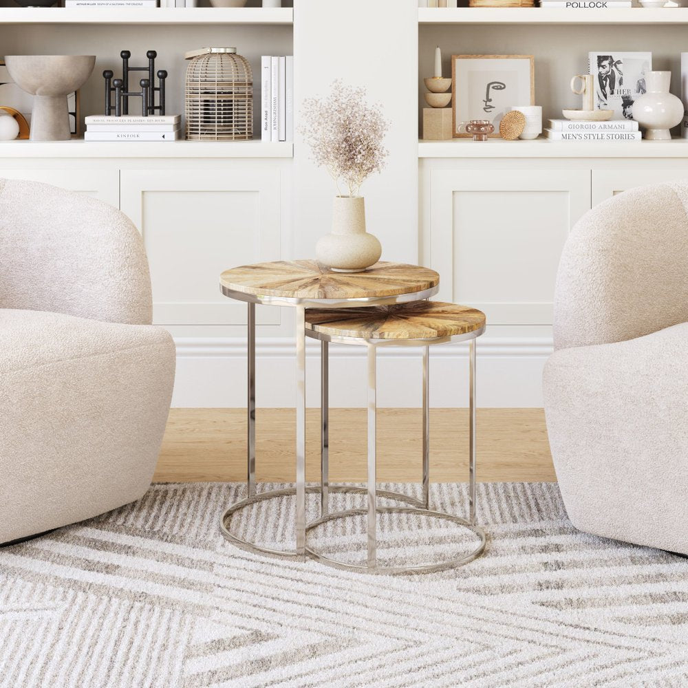 Set of Two Natural And Silver Solid Wood And Iron Round Frame Nested Tables HomeRoots