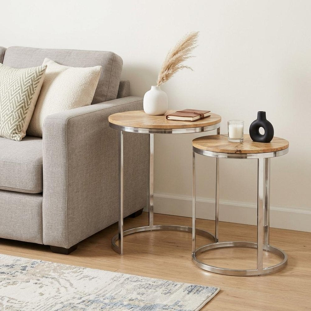 Set of Two Natural And Silver Solid Wood And Iron Round Frame Nested Tables HomeRoots
