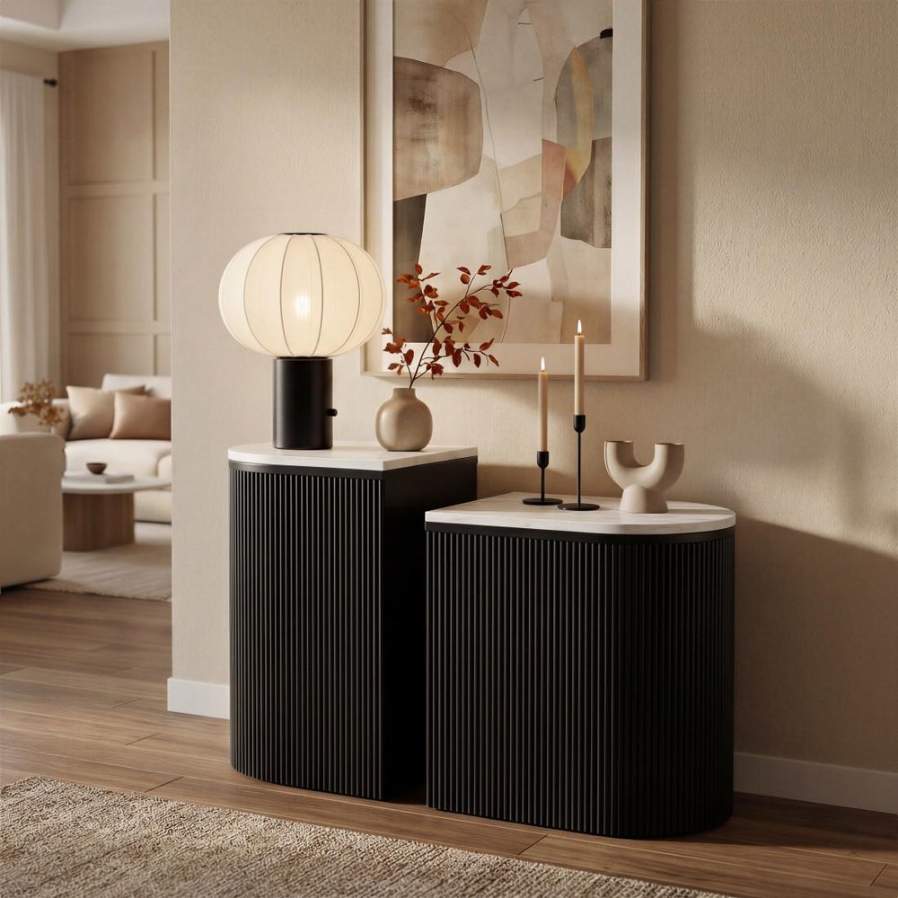 Set of Two Black And White Solid Wood And Marble Oval Block End Tables HomeRoots
