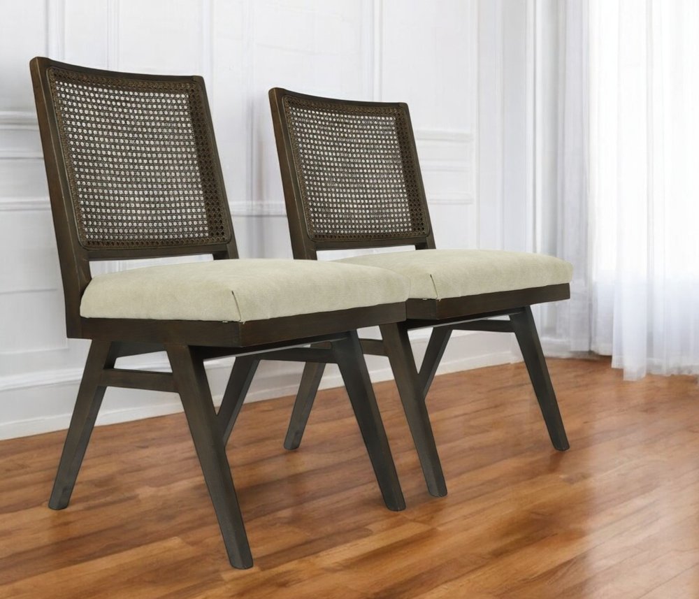 Set of Two Dark Brown And Gray Wood Cane And Upholstery Dining Side Chairs HomeRoots