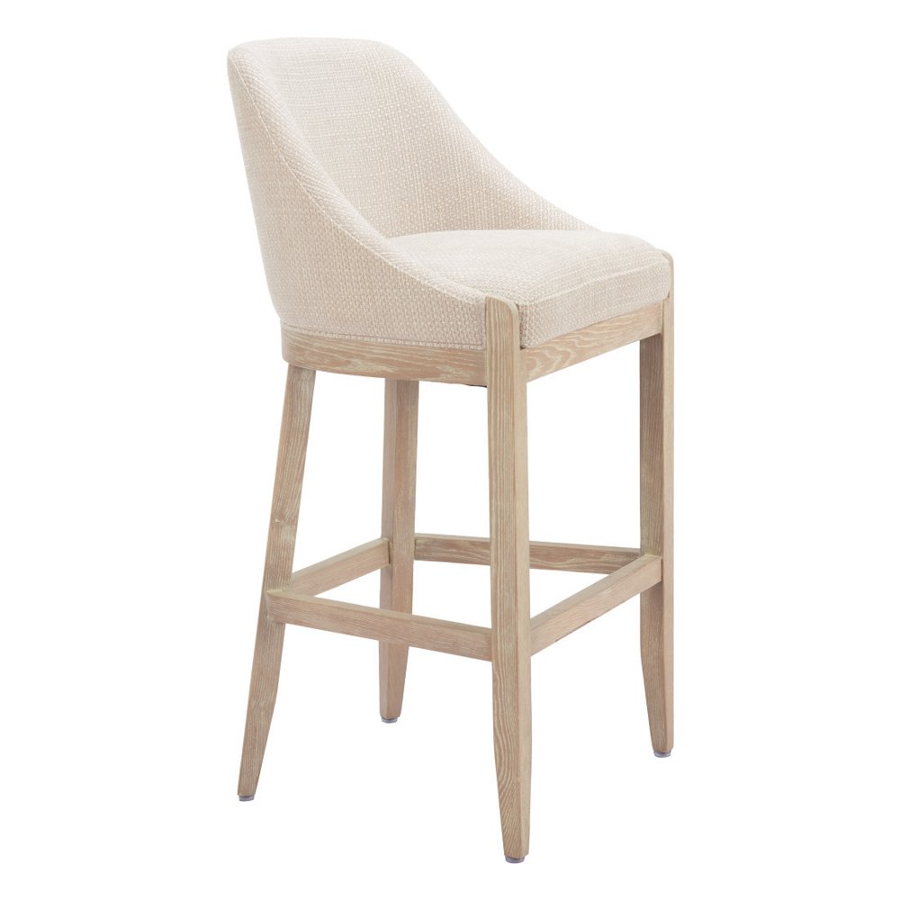 31" Beige And Natural Fabric And Solid Wood Bar Height Bar Chair HomeRoots