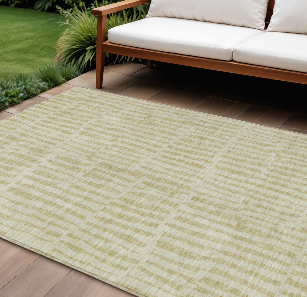 10' X 14' Beige And Tan Striped Washable Indoor Outdoor Area Rug