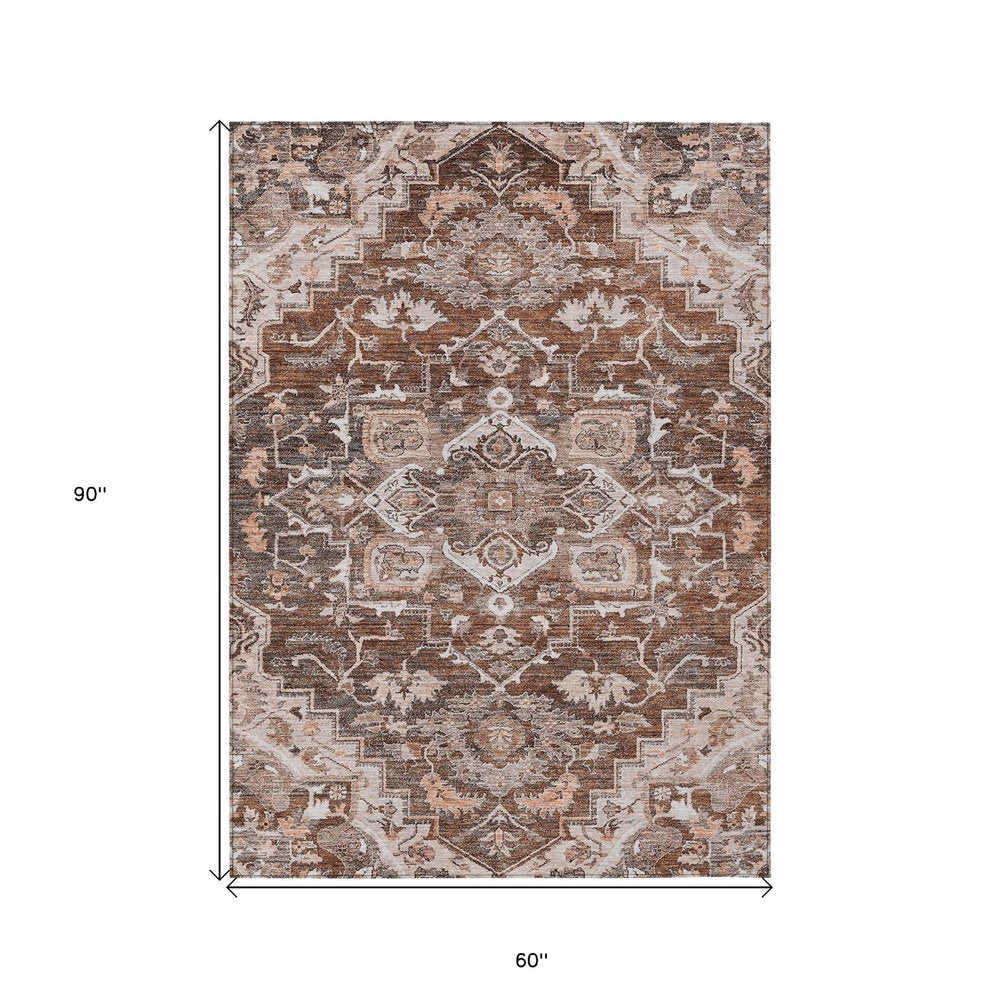 3' X 5' Terra Cotta Brown And Copper Oriental Washable Indoor Outdoor Area Rug HomeRoots