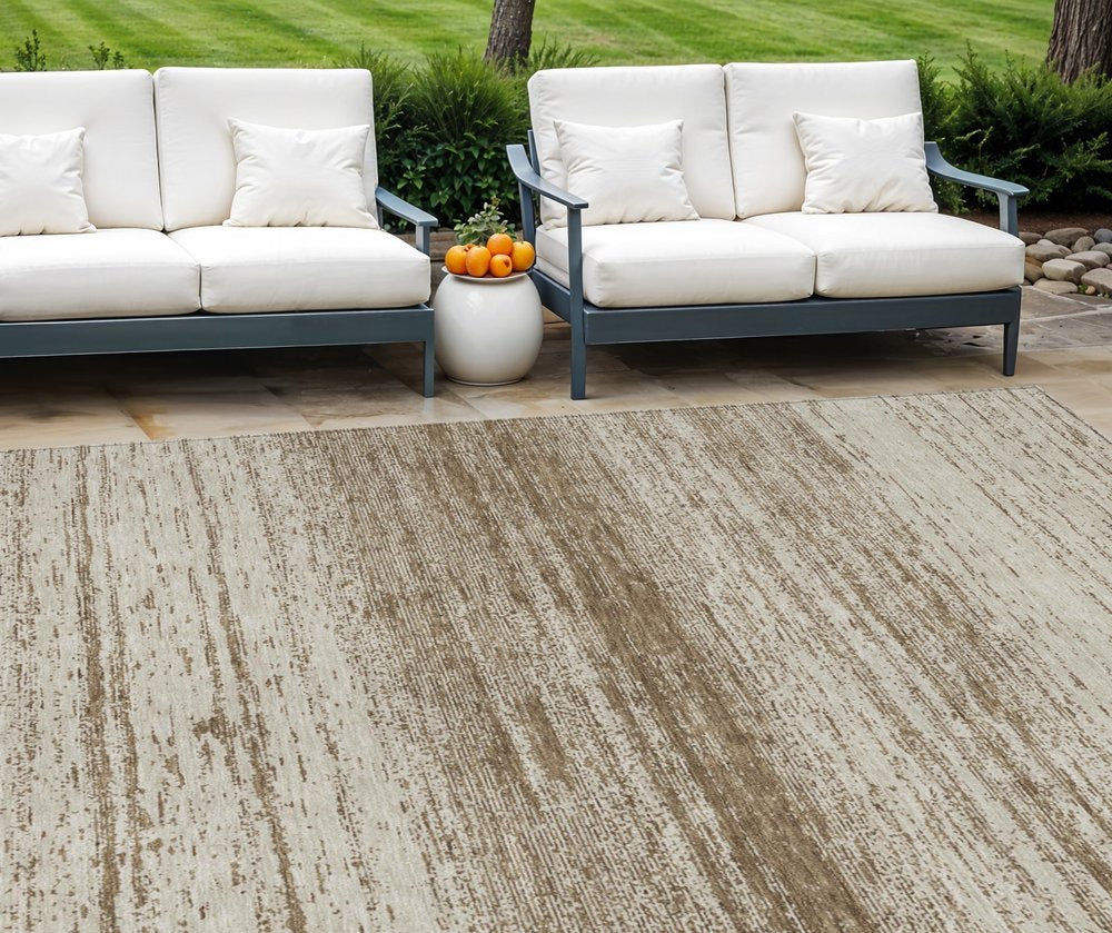 10' X 14' Brown And Beige Striped Washable Indoor Outdoor Area Rug HomeRoots