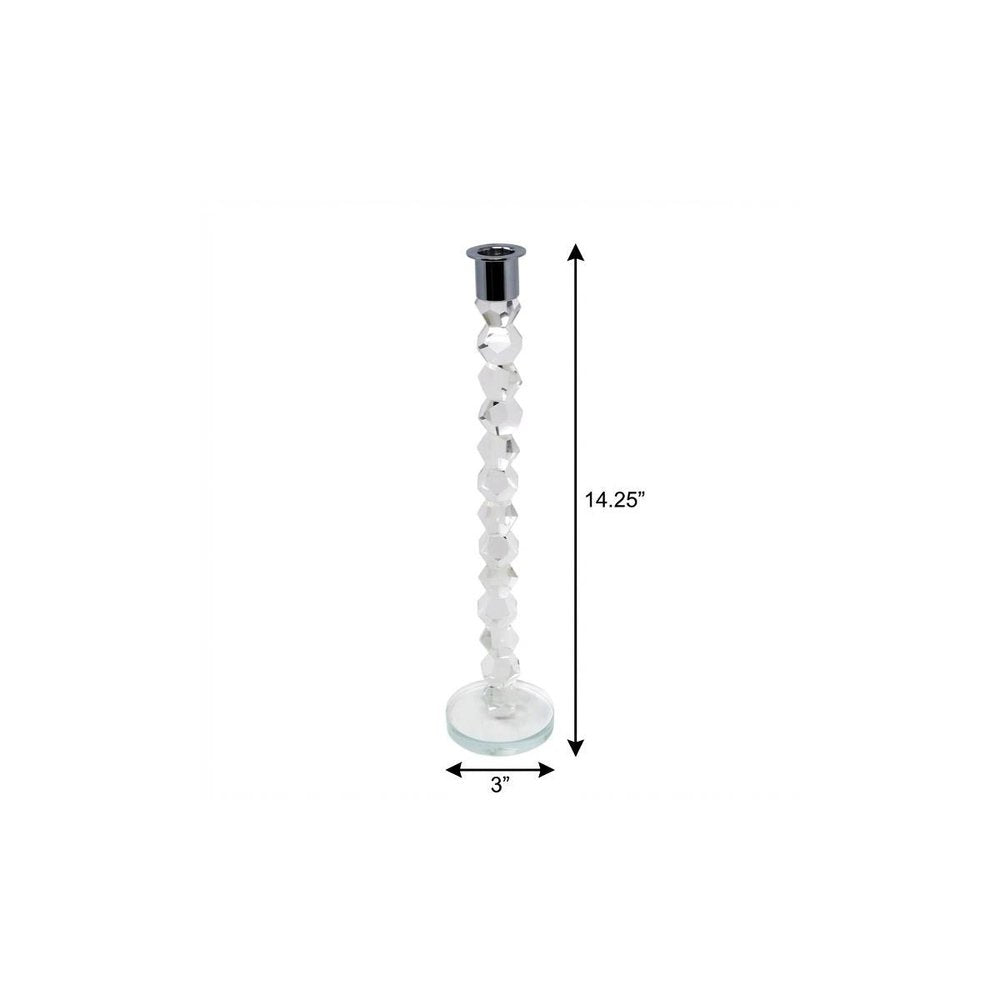 14" Clear And Silver Geo Stacks Crystal Tabletop Taper Candlestick HomeRoots