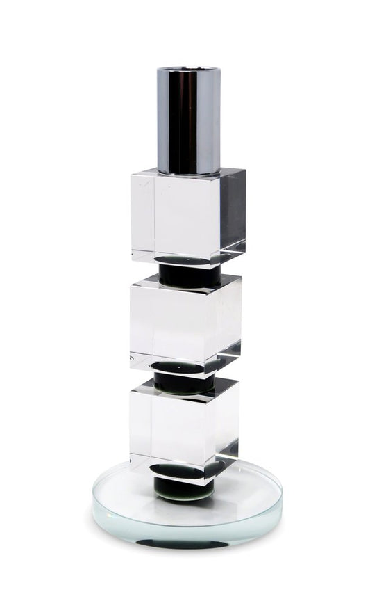 7" Silver Clear And Black Block And Cylinder Crystal Tabletop Taper Candlestick HomeRoots