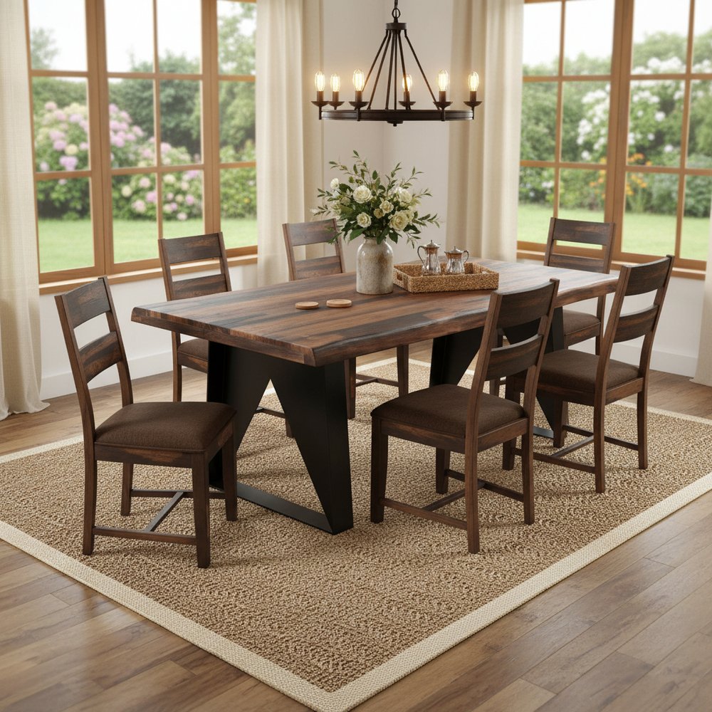 Seven Piece Dark Brown and Black Solid Wood Live Edge Dining Set with Six Chairs HomeRoots