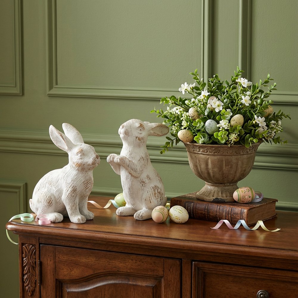 Set of Two White Resin Rabbit Figurines HomeRoots