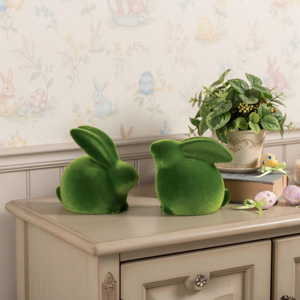 Set of Two Green Faux Moss Covered Terracotta Rabbit Figurines HomeRoots
